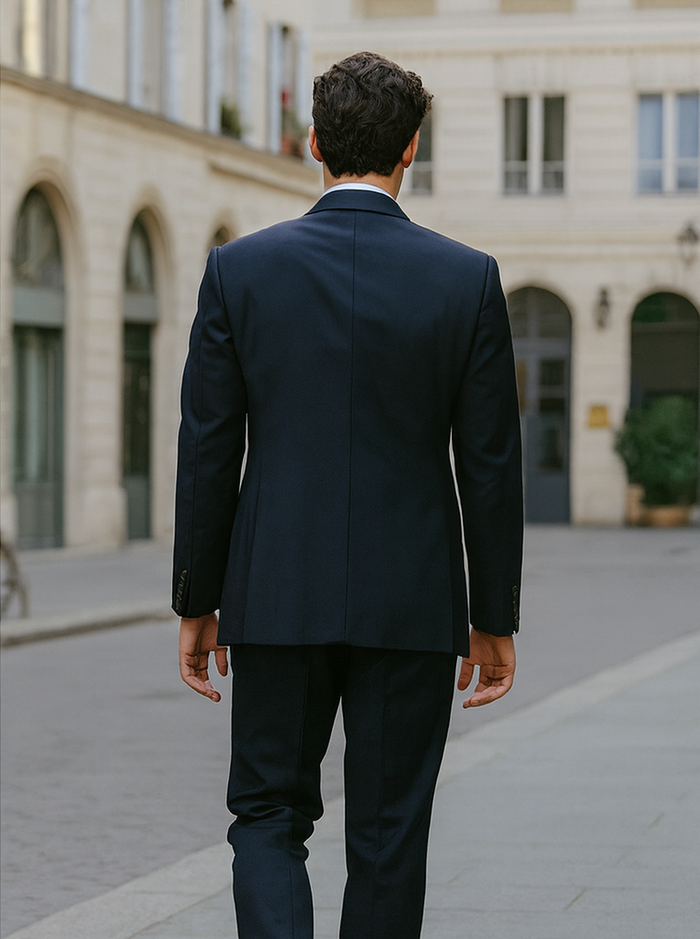Mens 3 Button Vested Basic Wool Feel Suit in Navy