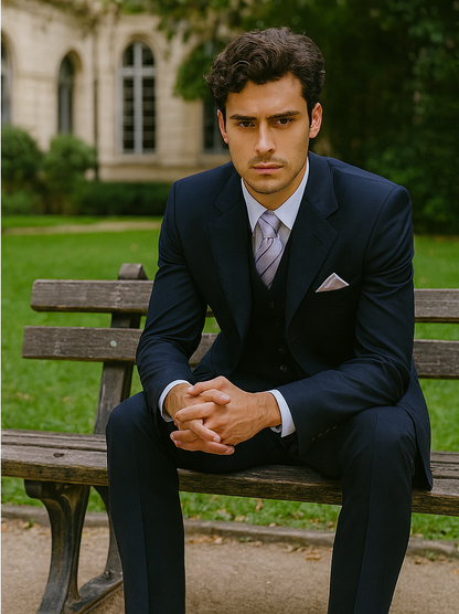 Mens 3 Button Vested Basic Wool Feel Suit in Navy