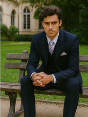 Mens 3 Button Vested Basic Wool Feel Suit in Navy