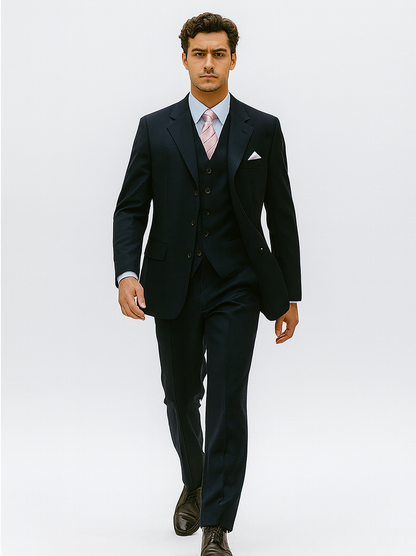 Mens 3 Button Vested Basic Wool Feel Suit in Navy