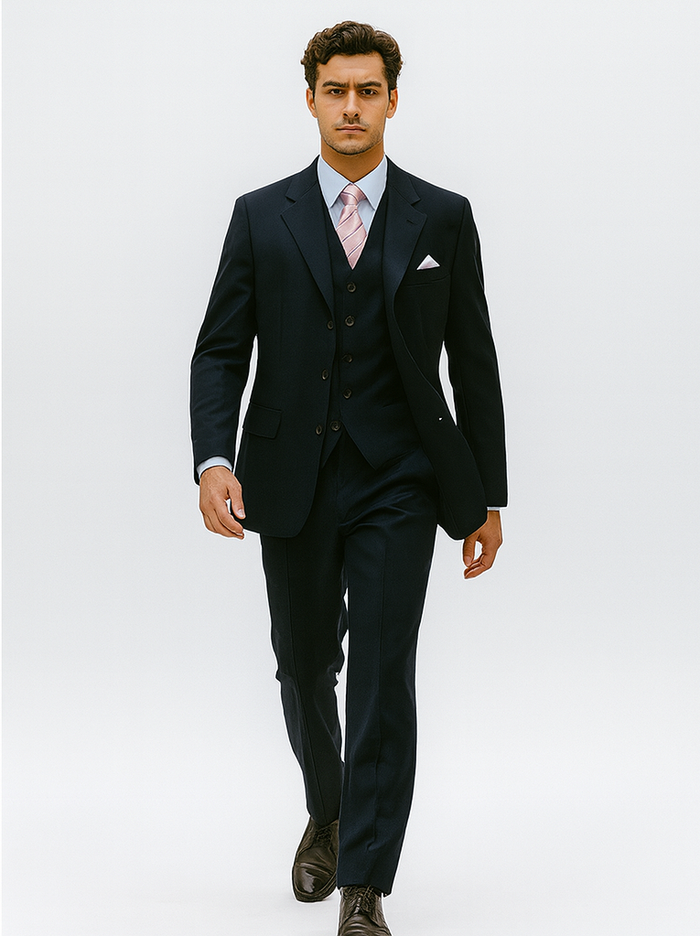 Mens 3 Button Vested Basic Wool Feel Suit in Navy
