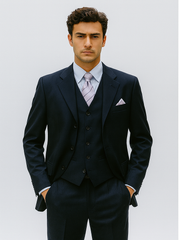 Mens 3 Button Vested Basic Wool Feel Suit in Navy