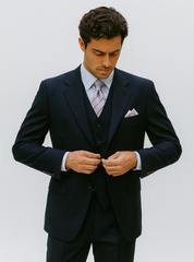 Mens 3 Button Vested Basic Wool Feel Suit in Navy