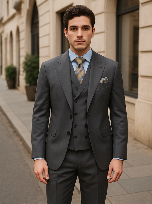 Mens 4 Button Double Breasted Vest Suit in Grey