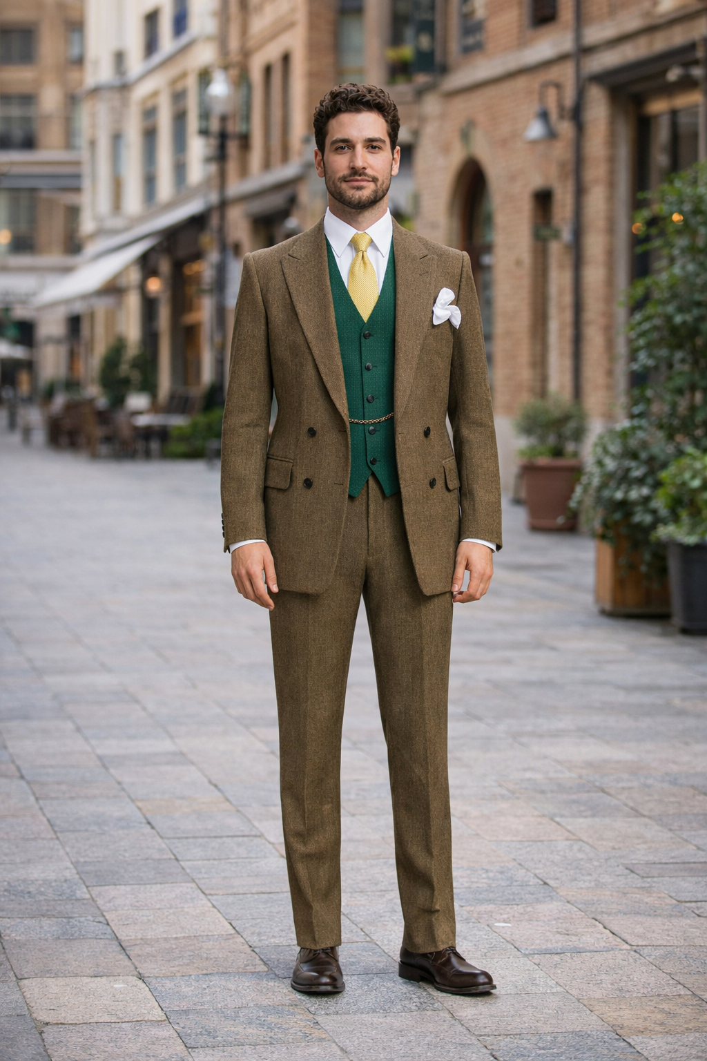 Al Capone Outfit for Men Brown Double Breasted Suit $179 + Hunter Green Vest $59