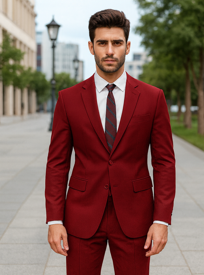 Mens Basic 2 Button Classic Fit Rayon Fabric Suit in Dark Red Light Burgundy
