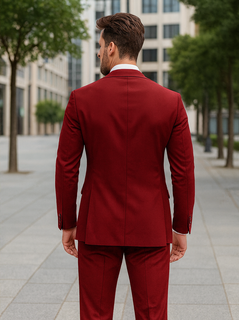 Mens Basic 2 Button Classic Fit Rayon Fabric Suit in Dark Red Light Burgundy