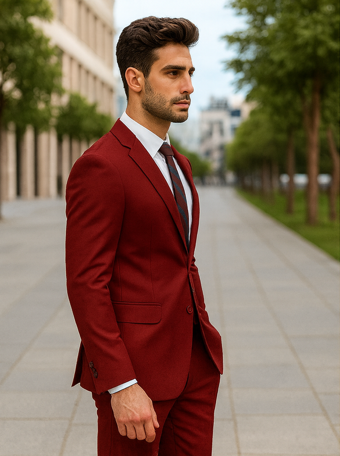Mens Basic 2 Button Classic Fit Rayon Fabric Suit in Dark Red Light Burgundy