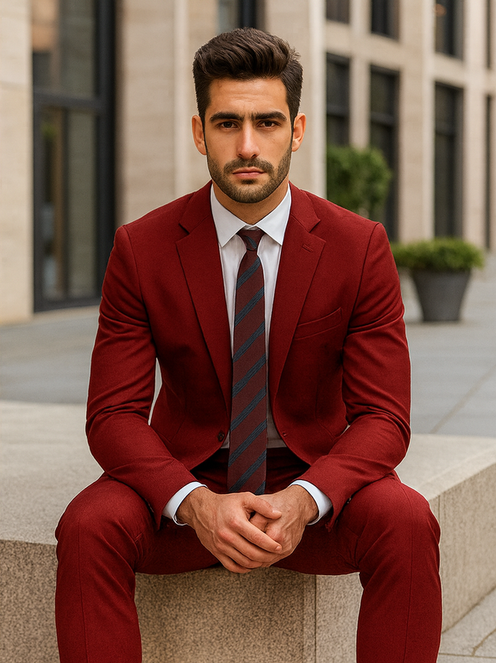 Mens Basic 2 Button Classic Fit Rayon Fabric Suit in Dark Red Light Burgundy