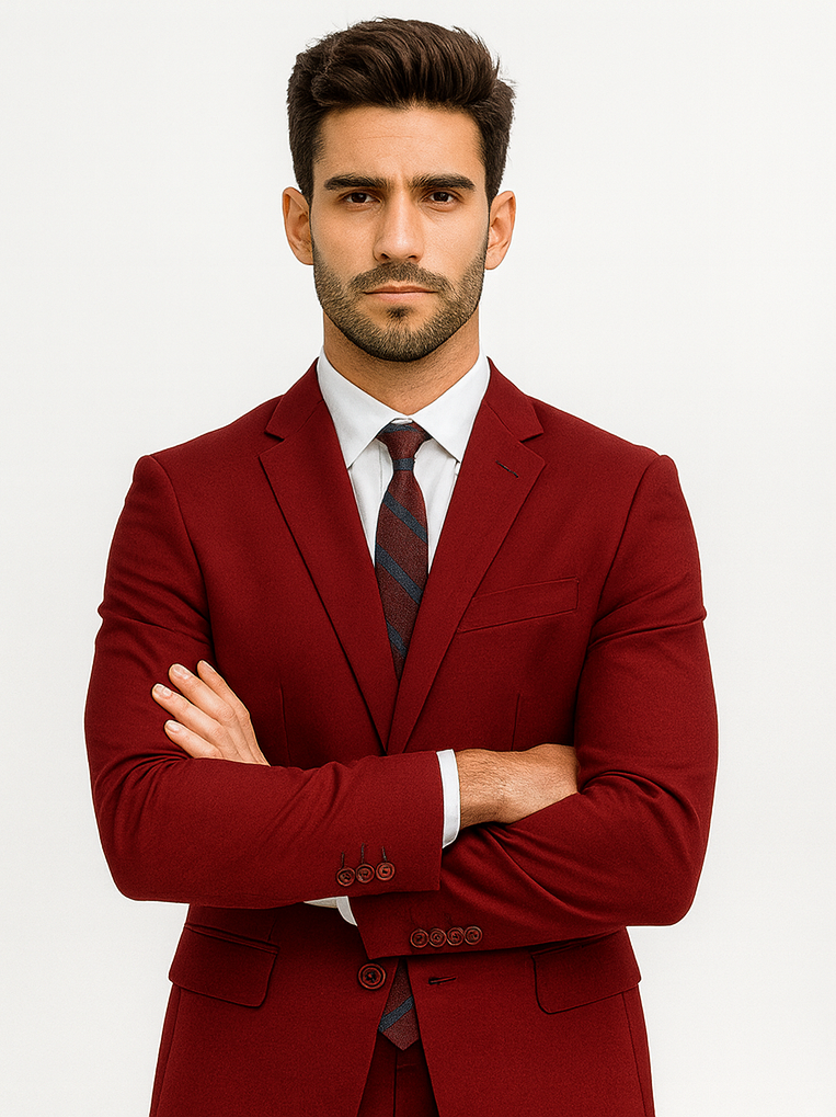 Mens Basic 2 Button Classic Fit Rayon Fabric Suit in Dark Red Light Burgundy