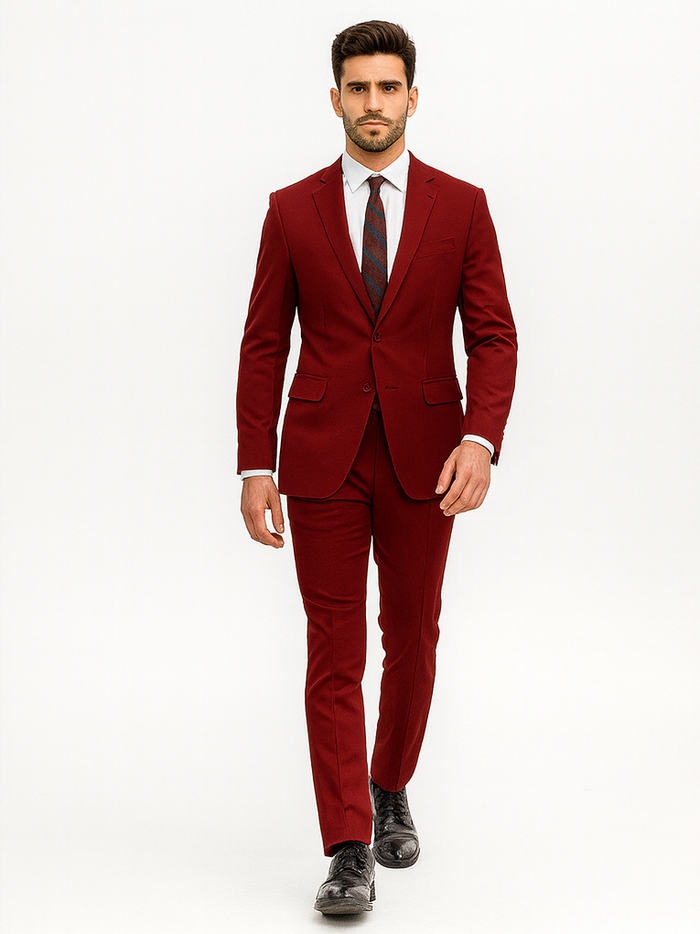 Mens Basic 2 Button Classic Fit Rayon Fabric Suit in Dark Red Light Burgundy