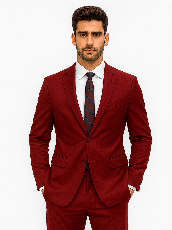 Mens Basic 2 Button Classic Fit Rayon Fabric Suit in Dark Red Light Burgundy