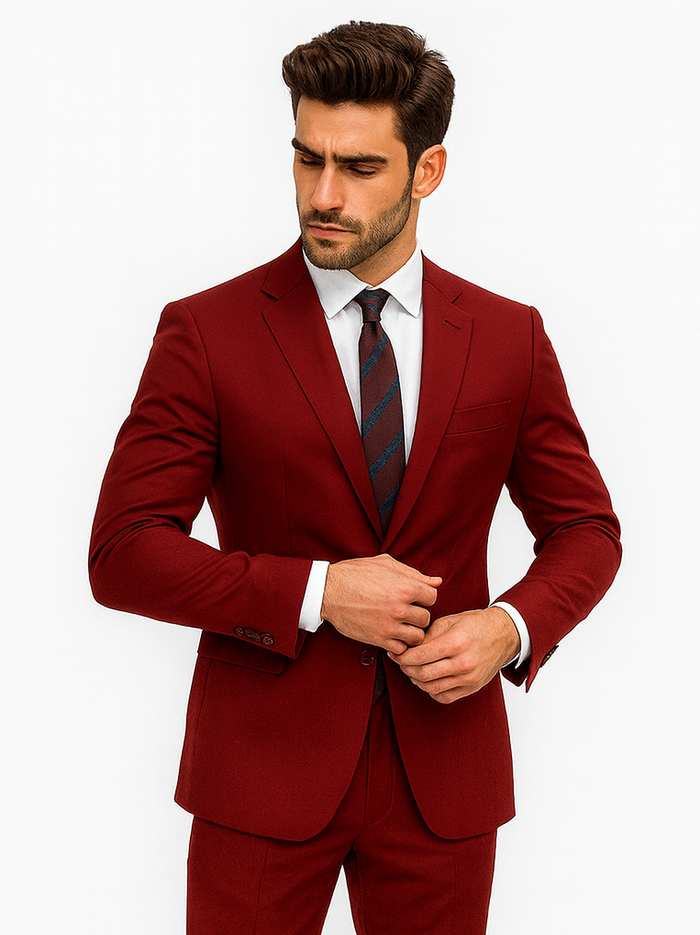 Mens Basic 2 Button Classic Fit Rayon Fabric Suit in Dark Red Light Burgundy