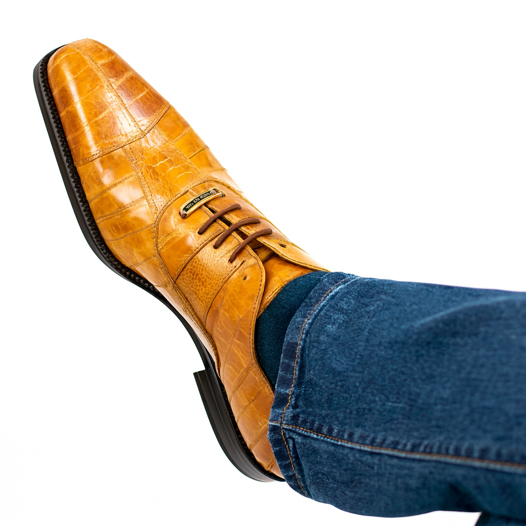 Mens Belvedere Mare Eel & Ostrich Cap Toe Dress Shoe in Tan 9 MEN 2P7 BLACK-M-09  - from alligatorwarehouse.com