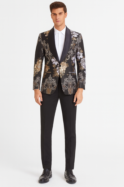 Men’s Black and Gold and Silver Floral Jacquard Blazer with Satin Shawl Lapel Tuxedo Suit With Black Pants with Bowtie 2   - from alligatorwarehouse.com