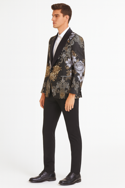 Men’s Black and Gold and Silver Floral Jacquard Blazer with Satin Shawl Lapel Tuxedo Suit With Black Pants with Bowtie 4   - from alligatorwarehouse.com