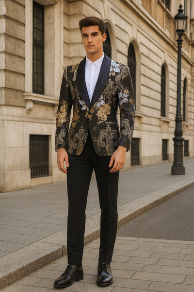 Men’s Black and Gold and Silver Floral Jacquard Blazer with Satin Shawl Lapel Tuxedo Suit With Black Pants with Bowtie 5   - from alligatorwarehouse.com