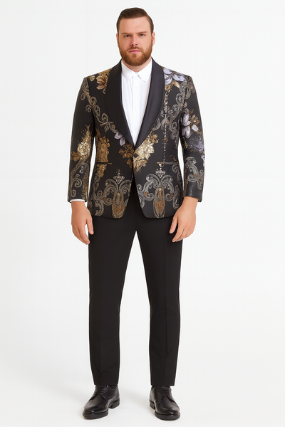 Men’s Black and Gold and Silver Floral Jacquard Blazer with Satin Shawl Lapel Tuxedo Suit With Black Pants with Bowtie 6   - from alligatorwarehouse.com