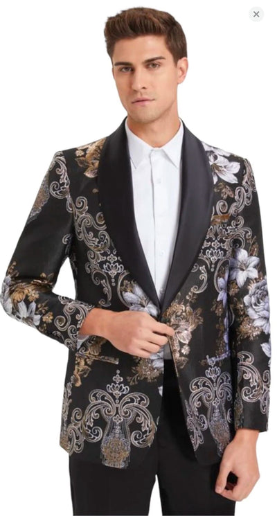 Men’s Black and Gold and Silver Floral Jacquard Blazer with Satin Shawl Lapel Tuxedo Suit With Black Pants with Bowtie 1   - from alligatorwarehouse.com