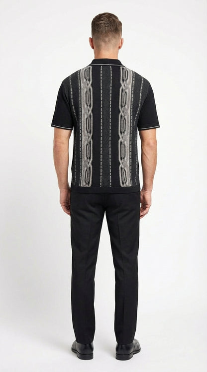 Mens Black and Gray Pattern Walking Suit Set – Short Sleeve Knit Shirt and Pants Casual Outfit for Summer, Travel and Everyday Wear