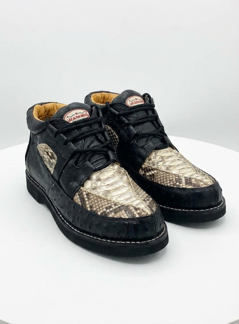 Mens Black and Natural Exotic Alligator Crocodile Casual Shoes – Ostrich and Snakeskin Pattern Lace Up Dress Shoes - Boot By Los Altos