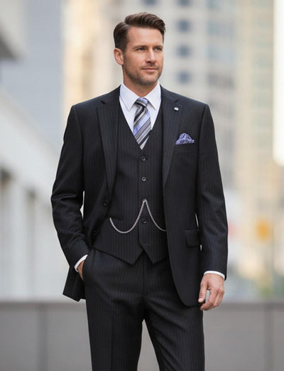 Harlem Nights Suits for Men - Mens Black Fine Pinstripe Suit 3 Piece Business Fit Vinci V2RS-7
