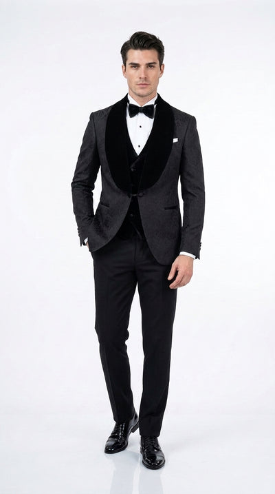 Men’s Black With Velvet collar 3 Piece Tuxedo Suit – Floral Jacquard Dinner Jacket with  Vest and Bowtie