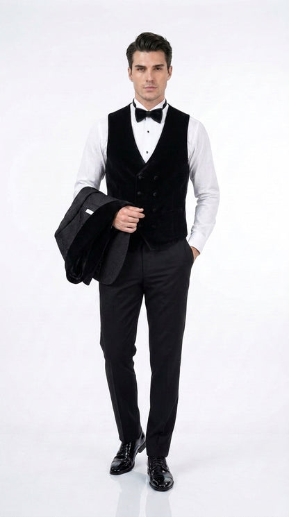 Men’s Black With Velvet collar 3 Piece Tuxedo Suit – Floral Jacquard Dinner Jacket with  Vest and Bowtie