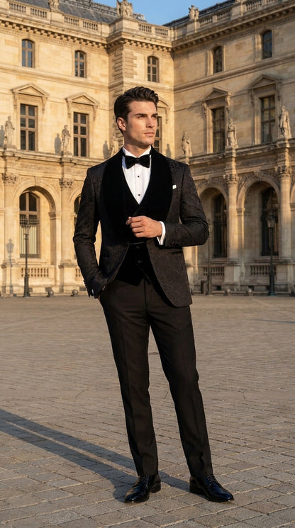 Men’s Black With Velvet collar 3 Piece Tuxedo Suit – Floral Jacquard Dinner Jacket with  Vest and Bowtie