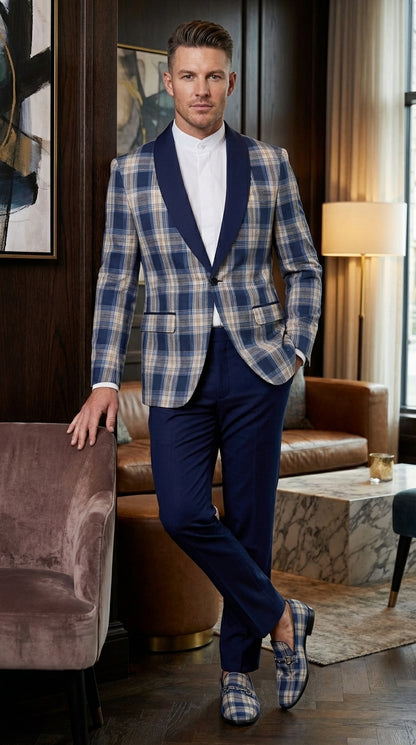 Mens Blue and White - Royal Plaid Tuxedo Suit Set – Checkered Prom Suit with Navy Pants Christmas Holiday New Year Jacket