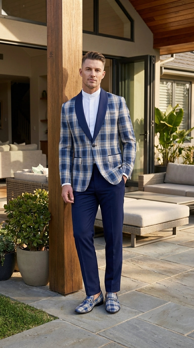 Mens Blue and White - Royal Plaid Tuxedo Suit Set – Checkered Prom Suit with Navy Pants Christmas Holiday New Year Jacket