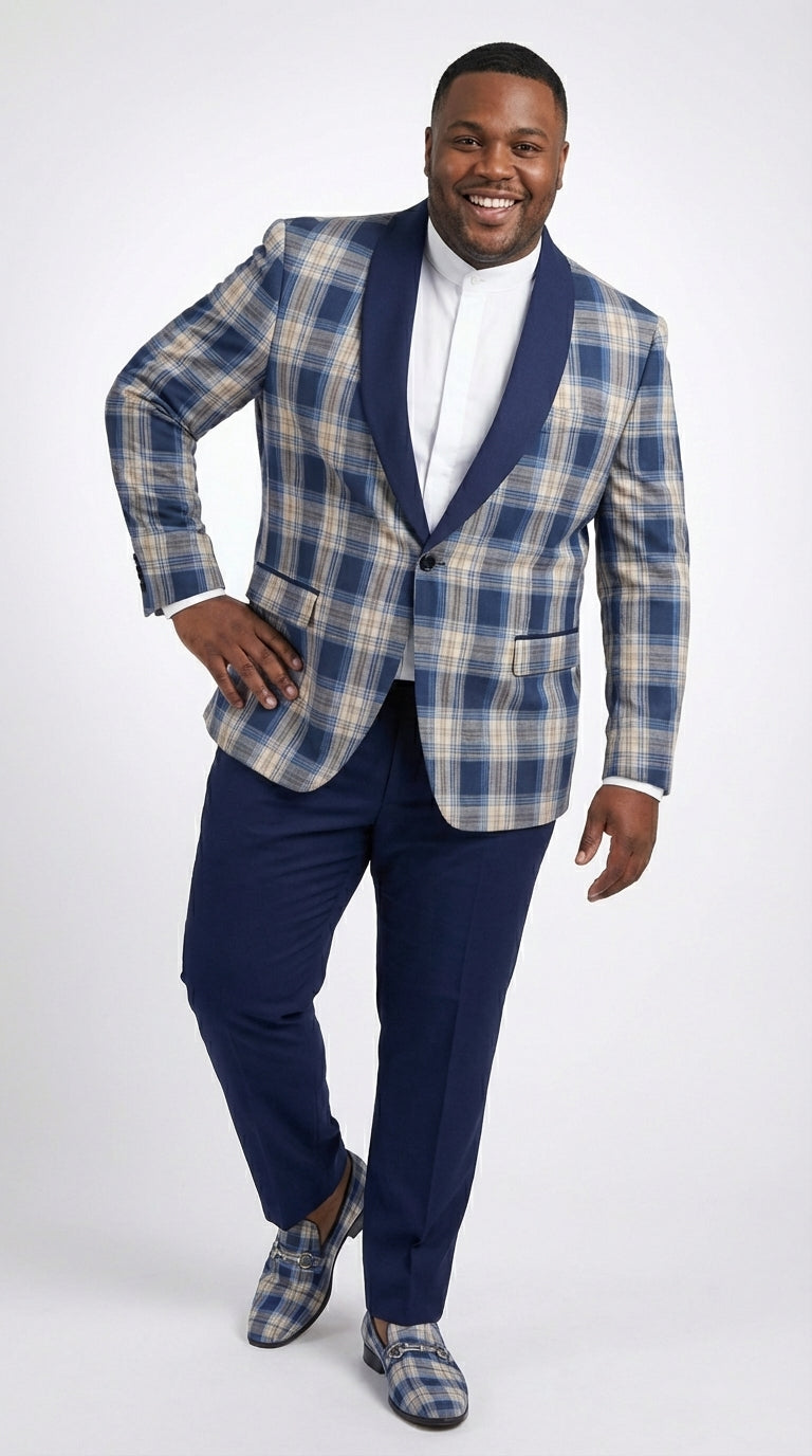 Mens Blue and White - Royal Plaid Tuxedo Suit Set – Checkered Prom Suit with Navy Pants Christmas Holiday New Year Jacket