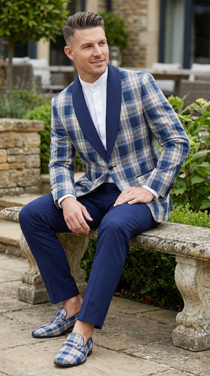 Mens Blue and White - Royal Plaid Tuxedo Suit Set – Checkered Prom Suit with Navy Pants Christmas Holiday New Year Jacket