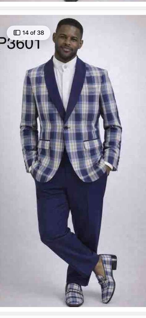 Mens Blue and White - Royal Plaid Tuxedo Suit Set – Checkered Prom Suit with Navy Pants Christmas Holiday New Year Jacket