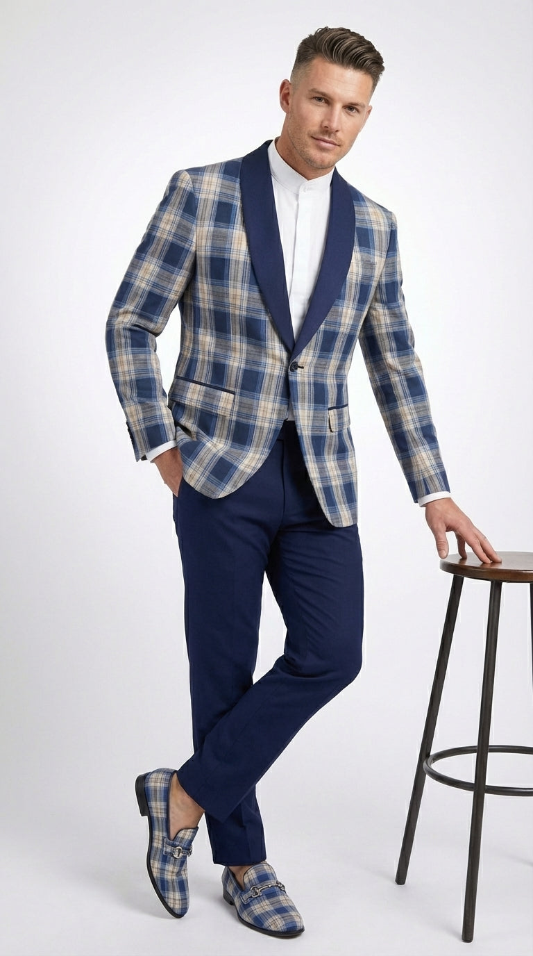 Mens Blue and White - Royal Plaid Tuxedo Suit Set – Checkered Prom Suit with Navy Pants Christmas Holiday New Year Jacket