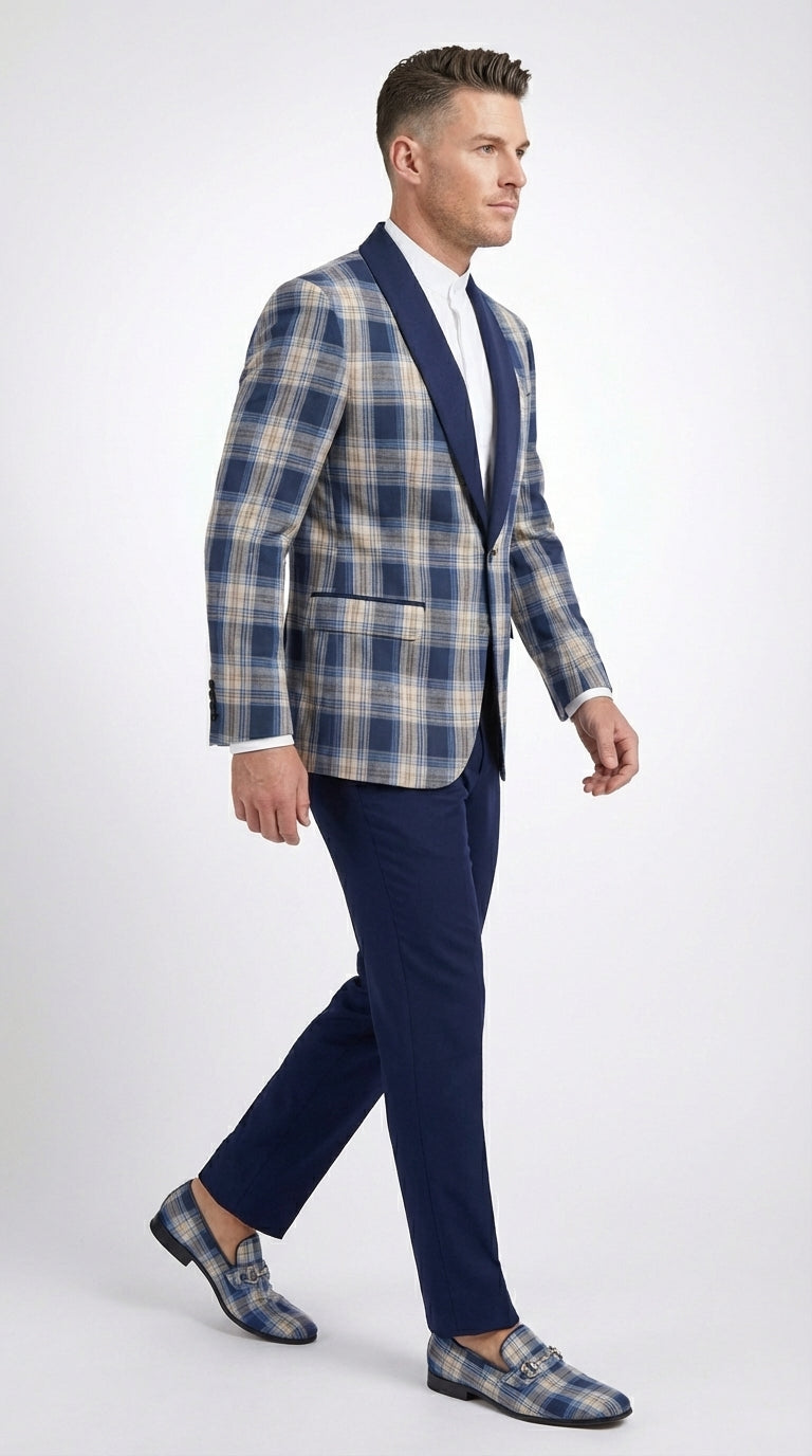 Mens Blue and White - Royal Plaid Tuxedo Suit Set – Checkered Prom Suit with Navy Pants Christmas Holiday New Year Jacket