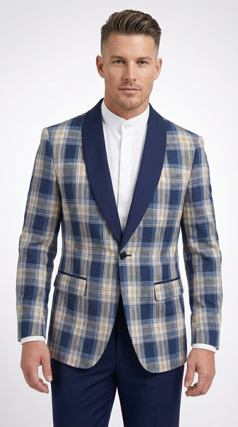 Mens Blue and White - Royal Plaid Tuxedo Suit Set – Checkered Prom Suit with Navy Pants Christmas Holiday New Year Jacket