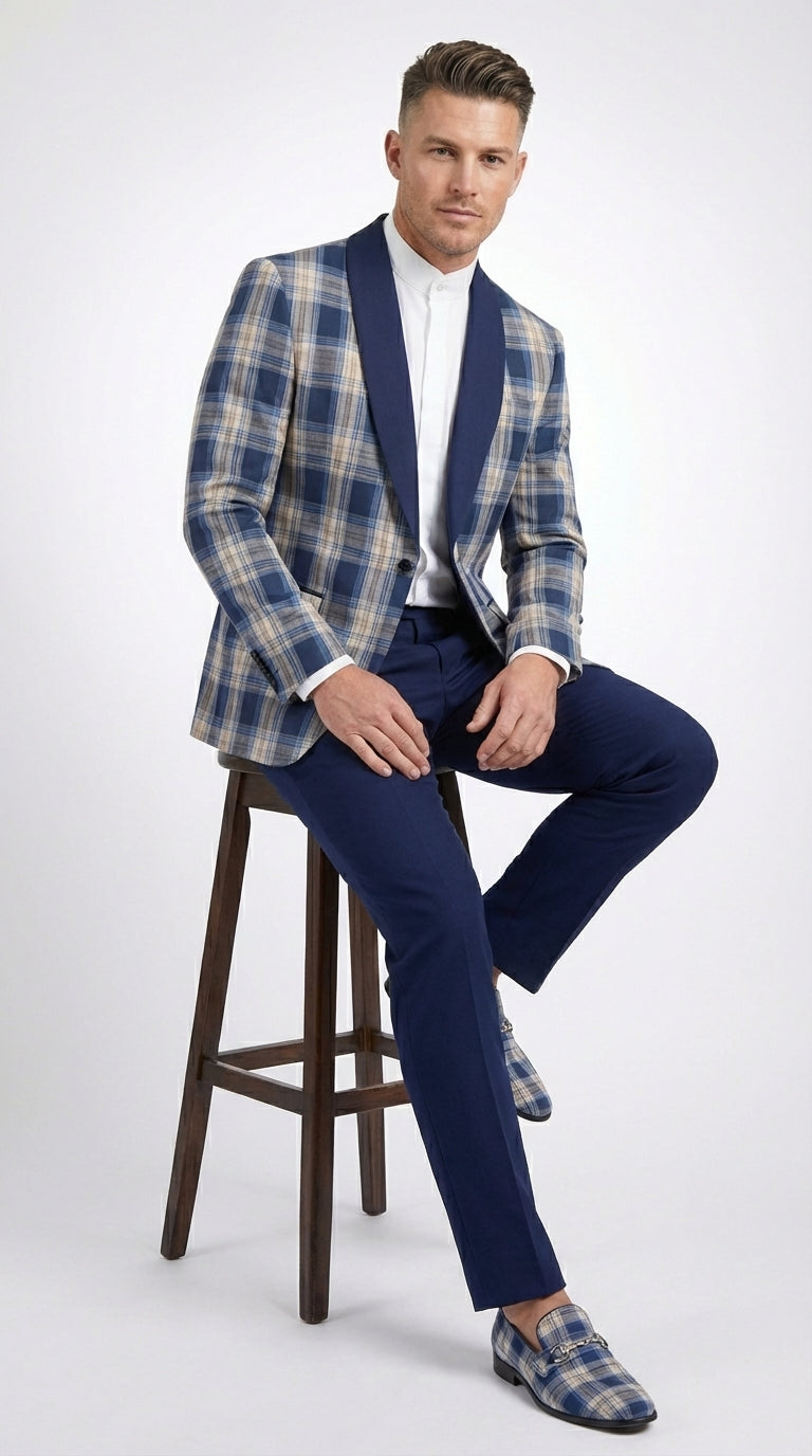Mens Blue and White - Royal Plaid Tuxedo Suit Set – Checkered Prom Suit with Navy Pants Christmas Holiday New Year Jacket
