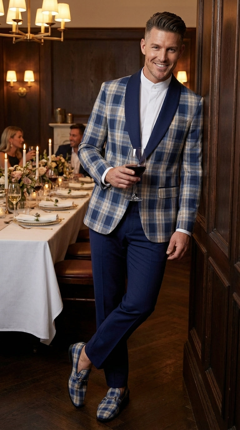 Mens Blue and White - Royal Plaid Tuxedo Suit Set – Checkered Prom Suit with Navy Pants Christmas Holiday New Year Jacket