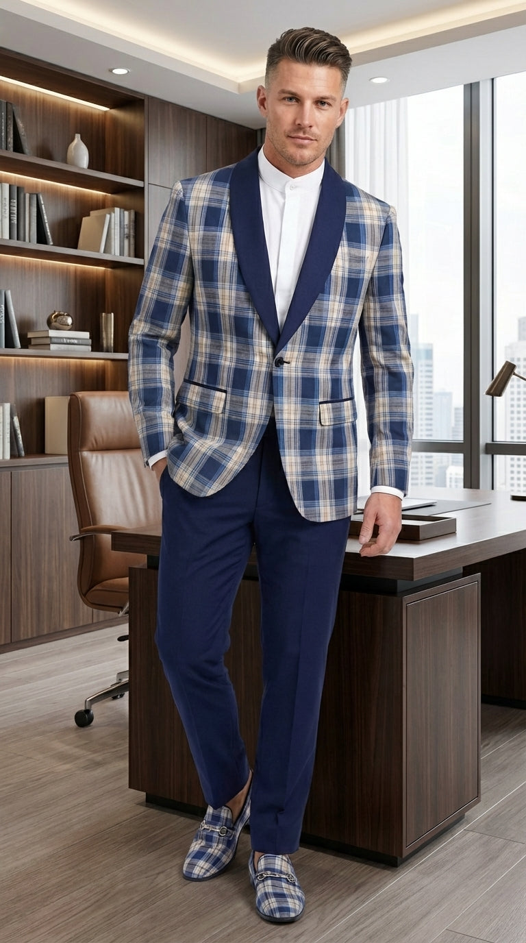 Mens Blue and White - Royal Plaid Tuxedo Suit Set – Checkered Prom Suit with Navy Pants Christmas Holiday New Year Jacket