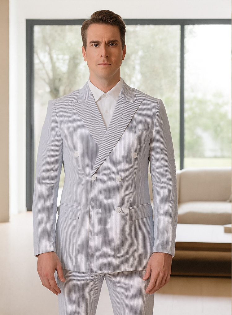 Mens Blue Pinstripe Summer Seersucker Double Breasted Suit