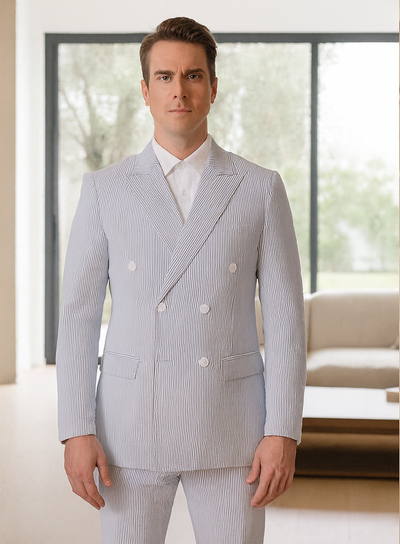 Mens Blue Pinstripe Summer Seersucker Double Breasted Suit 1   - from alligatorwarehouse.com