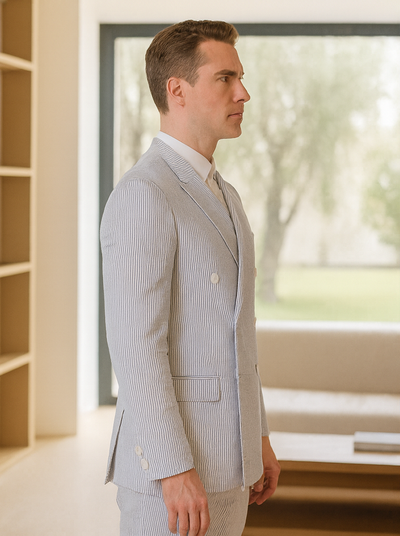 Mens Blue Pinstripe Summer Seersucker Double Breasted Suit 3   - from alligatorwarehouse.com