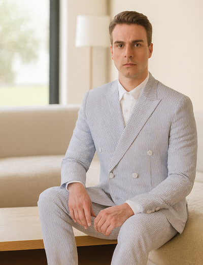 Mens Blue Pinstripe Summer Seersucker Double Breasted Suit 4   - from alligatorwarehouse.com