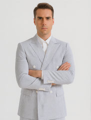 Mens Blue Pinstripe Summer Seersucker Double Breasted Suit