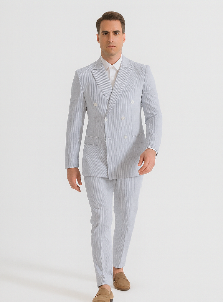 Mens Blue Pinstripe Summer Seersucker Double Breasted Suit
