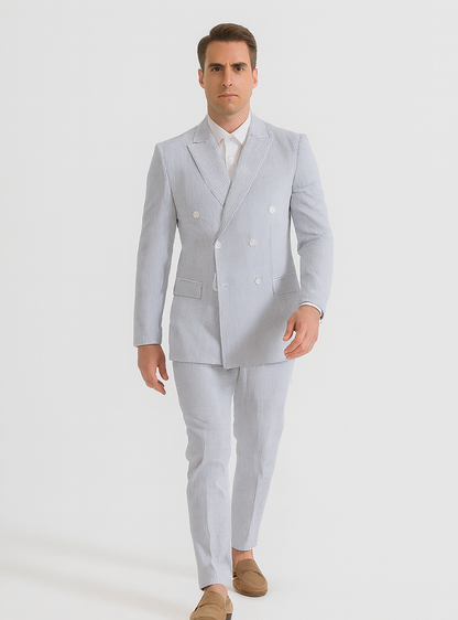 Mens Blue Pinstripe Summer Seersucker Double Breasted Suit