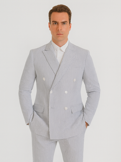 Mens Blue Pinstripe Summer Seersucker Double Breasted Suit