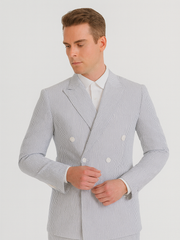 Mens Blue Pinstripe Summer Seersucker Double Breasted Suit