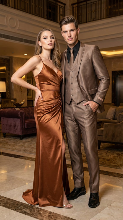 Men’s Bronze Brown Mocco 3 Piece Suit – Modern Formal Suit Set for Wedding, Prom and Business Events Light Brown Coffee Dark Tan